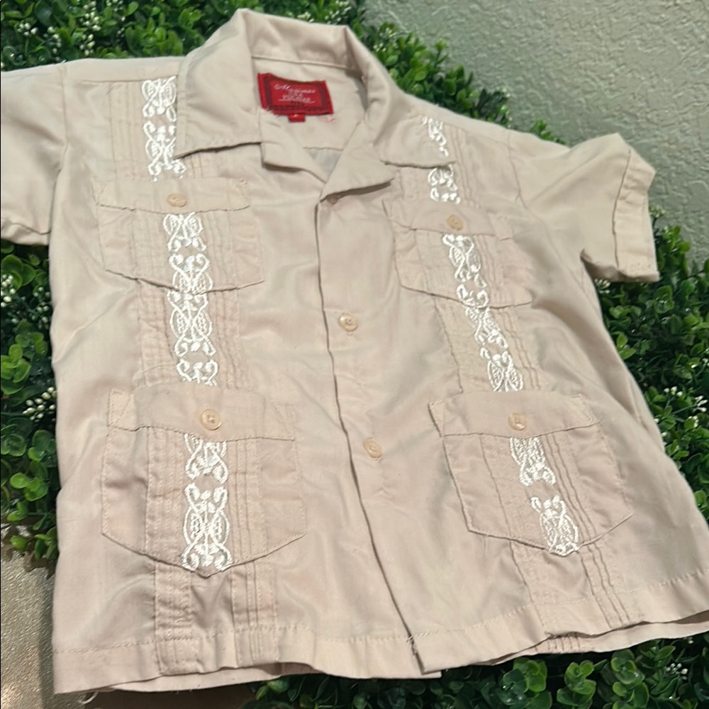 Maximos Tan and White Short Sleeve Tee with Embroidery